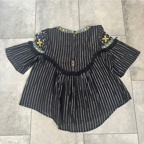 Zara Black Embroidered Bell Sleeved Fringed Boho Festival Top Small - Picture 6 of 7